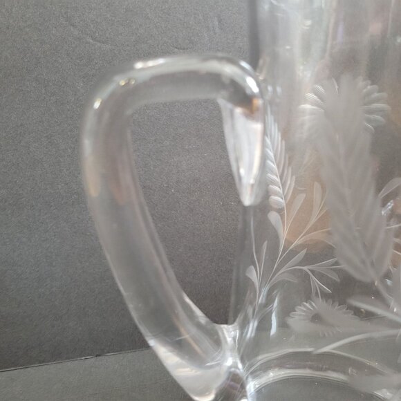 Vintage Clear Etched Glass Pitcher With Floral Design & Handle 9" - Picture 8 of 16